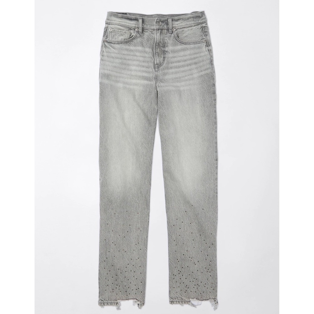 AE Rhinestoned Super High-Waist Baggy-Straight Glacier Gray Raw Hem Strigid Jean - Picture 15 of 16